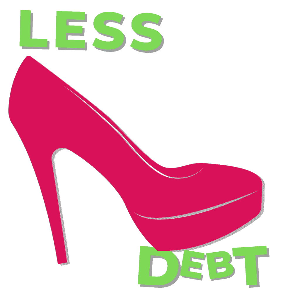 2022 homepage featuring a pink high heel shoe with the words "less debt.