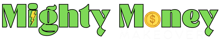 Green bold text reads "Mighty Money Makeover," with a lightning bolt in the first "M" and a gold coin for the "o." The word "MAKEOVER" appears faintly below in white, capturing the empowering theme of the Speaker Information session.