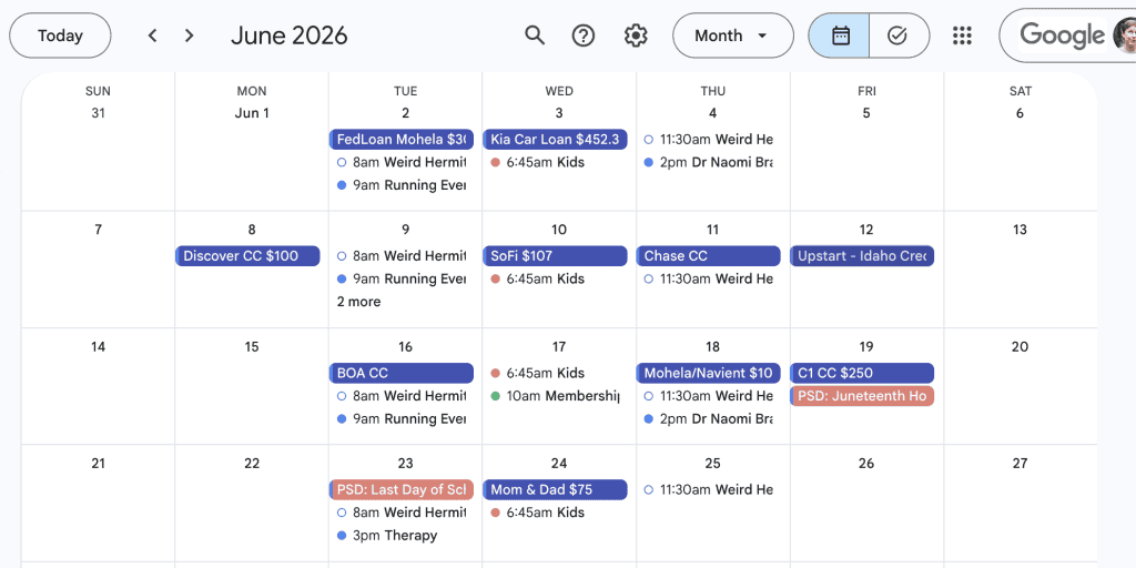 A digital calendar for June 2026 showing various events, appointments, payment reminders, personal finance tasks, and kids’ activities scheduled throughout the month.