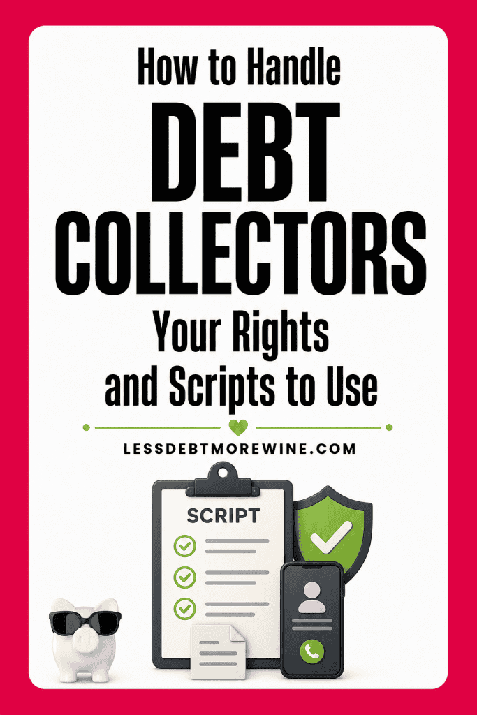 Poster reads "How to Handle Debt Collectors: Your Rights and Scripts to Use." Image shows a checklist, phone icon, shield, and piggy bank. Website: lessdebtmorewine.com.