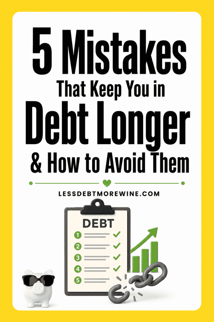 Infographic with the title "5 Mistakes That Keep You in Debt Longer & How to Avoid Them," featuring a clipboard, upward graph, broken chain, and a piggy bank.