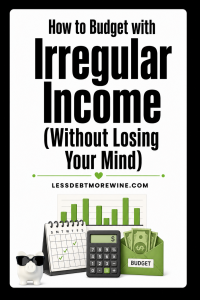 Infographic titled "How to Budget with Irregular Income (Without Losing Your Mind)" with icons of a piggy bank, calendar, calculator, cash, and a budget folder.