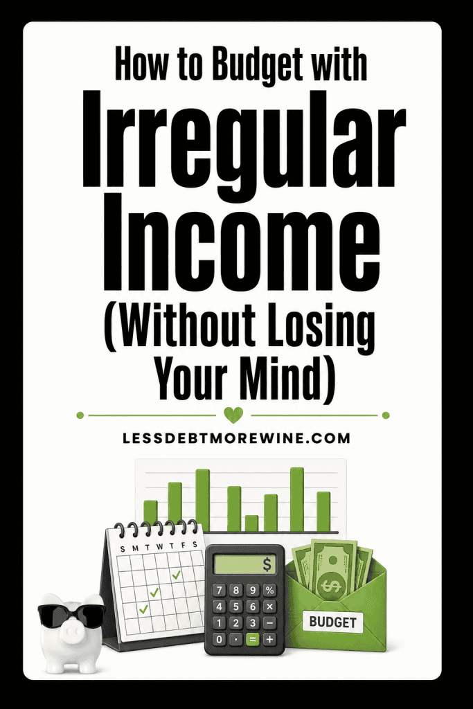 Infographic titled "How to Budget with Irregular Income (Without Losing Your Mind)" with icons of a piggy bank, calendar, calculator, cash, and a budget folder.