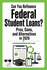 Text graphic asks if you can refinance federal student loans, listing pros, cons, and alternatives for 2026. Includes icons of a piggy bank, student loan document, cap, arrows, and scales.