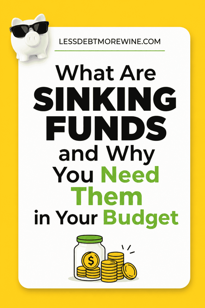 A sign reading "What are sinking funds and why you need them in your budget" with a piggy bank wearing sunglasses and an illustration of coins in a jar.