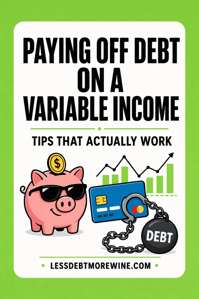 Illustration of a piggy bank wearing sunglasses, a credit card chained to a "debt" ball, and a rising graph, with text about paying off debt on a variable income.